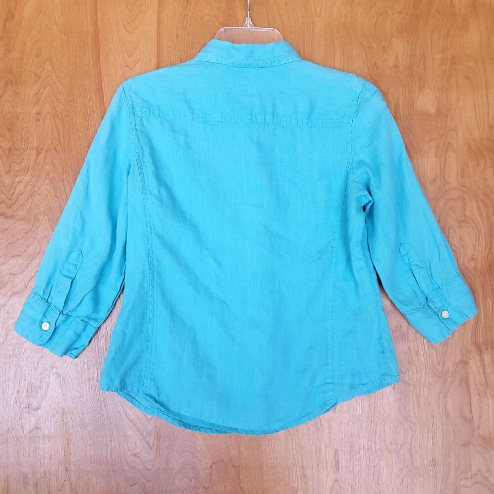 Talbots 100% Pure Irish Linen Top Petite Small Button Up 3/4 Sleeve Bright Blue - Picture 3 of 10